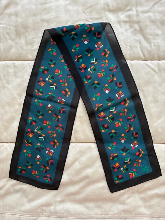 Katja Accessories - Vintage Katja Sheer Multicolor Abstract Print Scarf Black Teal 5.5” x 34.5”